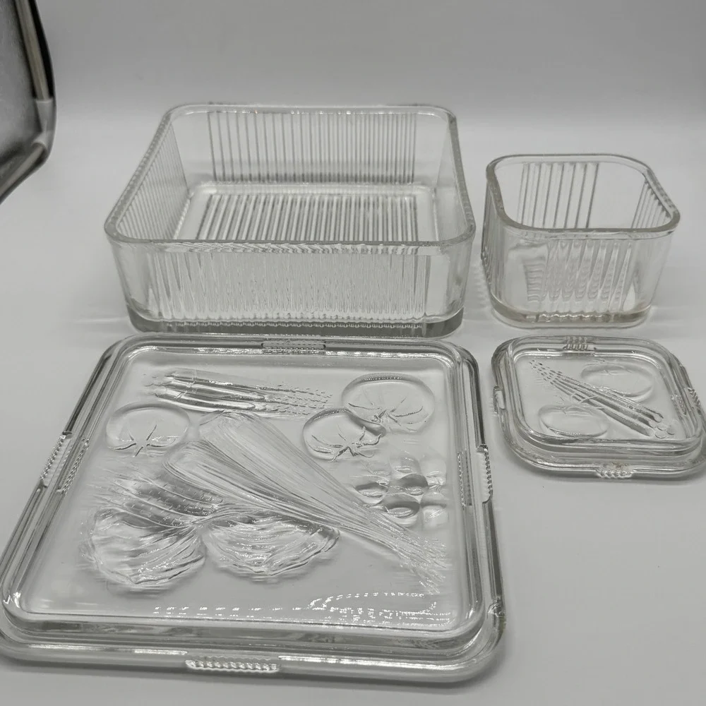Vintage Federal Glass Refrigerator Dishes Clear Ribbed Vegetable Lid Lot 8x8 4x4